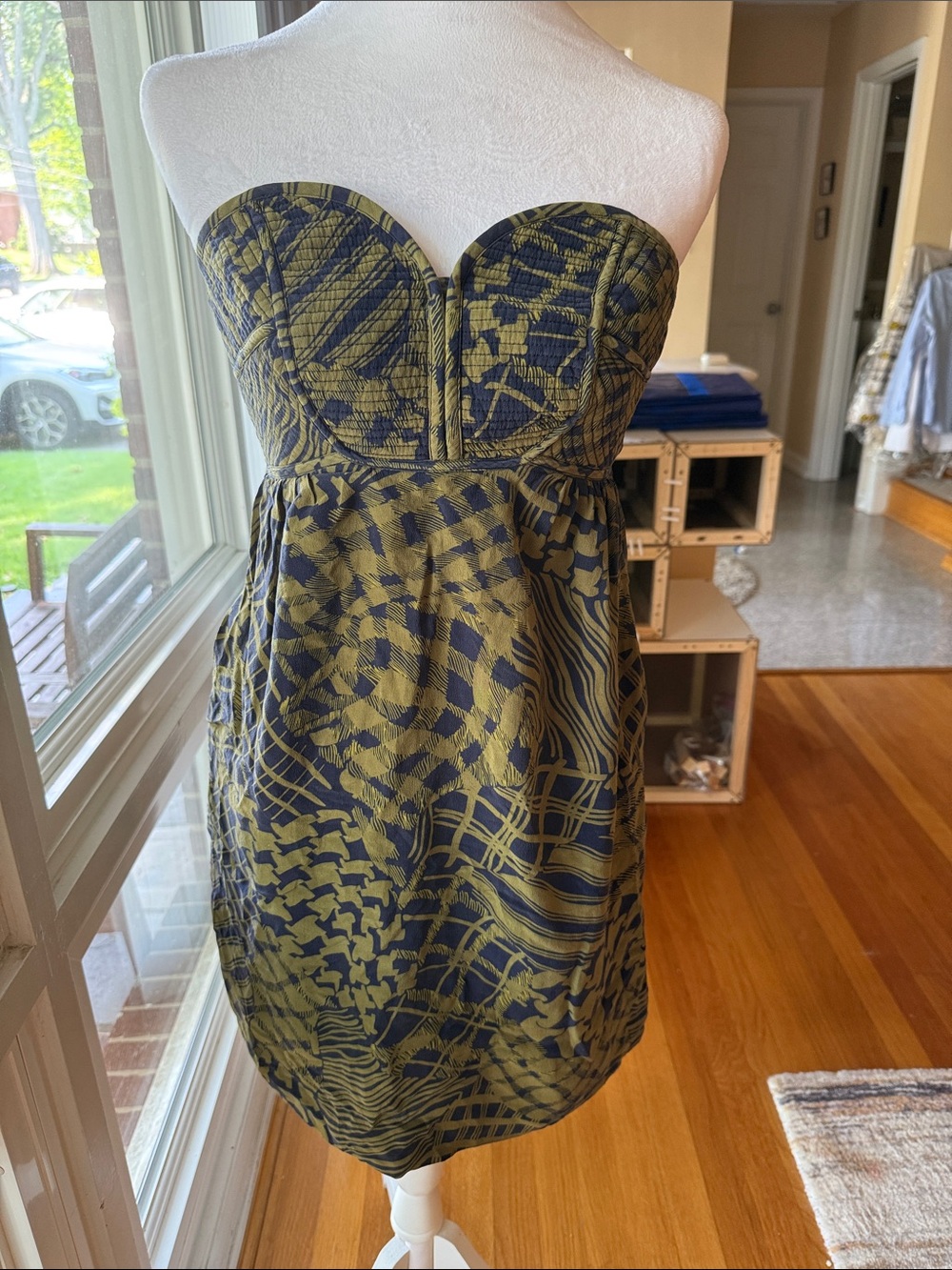 Anthropologie EUC Strapless Olive/Navy Summer Dress